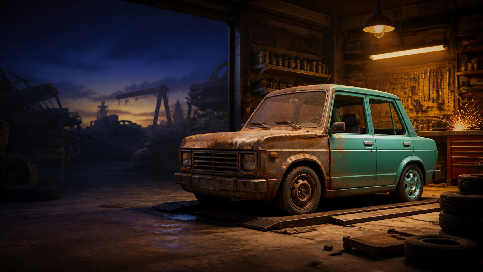 Original illustration of a partly restored generic car inside a scrapyard garage